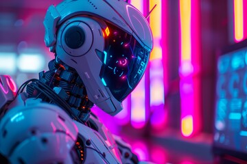 Futuristic white robot in a neon-light high-tech laboratory. 3d rendering
