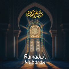 Ramadan Kareem greeting on a blurred background with a beautiful illuminated Arabic lamp and hand-drawn calligraphy lettering.