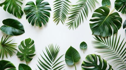 Flat lay of Tropical Leaves on white background. Top view of green foliage. Summer banner template with copy space. Creative nature Layout made of Palm