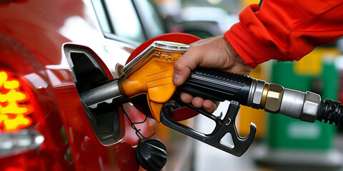 Gas station worker with fuel nozzle near car closeup
