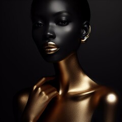 Fashionable black woman with golden lips on black background