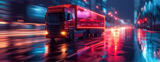 Fotobehang truck is moving along the road at night © Nataliia