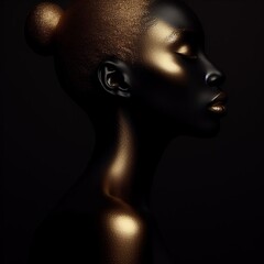 Beautiful black woman with golden skin on dark background. 