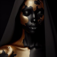 Woman with golden bodyart and black cloth 