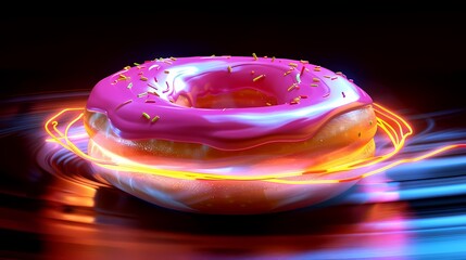 Futuristic glowing donut with pink frosting.
