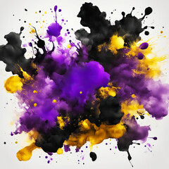 artistic ink blots of black, purple, bright gold colors mixed with each other on white background