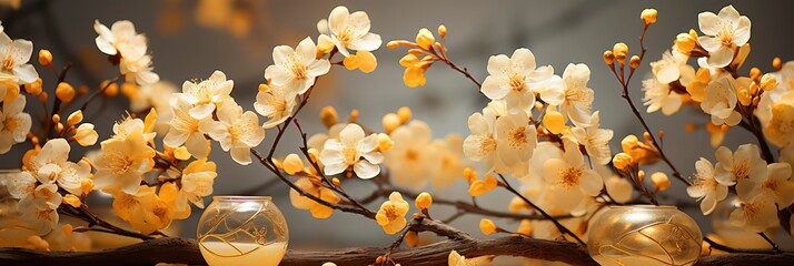 Dreamy Cherry Blossoms Natural Border, with lights, light black and yellow, Background HD, Illustrations