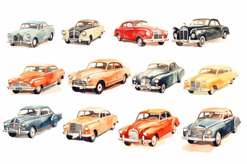 Fototapeta premium Set of vintage watercolor cars on a white background.