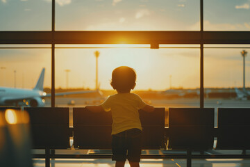 A little boy stands out of the panoramic window at the airport and looking at airplanes in the terminal. Vacation and travel with young kids concept. - obrazy, fototapety, plakaty