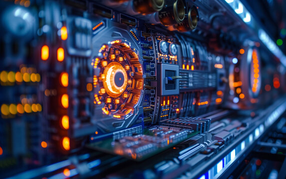 computer motherboard and processor unit fan rotating and cooling system, close up photo with blue light flare.