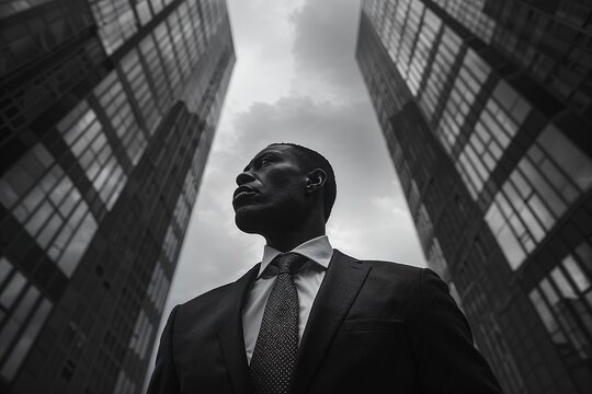 A black and white photo of a man in a suit looking upwards with a determined expression. He stands between two tall skyscrapers, creating a dramatic and imposing urban scene.