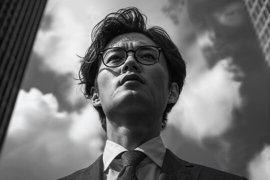 A black and white photo of a man in a suit and glasses looking upwards with a determined expression. Tall buildings and a cloudy sky create an imposing urban atmosphere.
