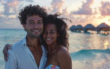 A happy couple embraces on the beach during sunset, with overwater bungalows in the background. They are smiling and enjoying the beautiful, serene tropical setting.