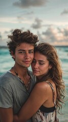 A young couple embraces on the beach at sunset. The woman has her eyes closed, resting her head on the man's chest, while he looks at the camera. The scene is serene and intimate.