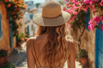 Woman in a straw hat walks down a charming, sunlit alleyway adorned with vibrant flowers. Her wavy hair cascades down her back, and the scene captures the essence of a beautiful Mediterranean village