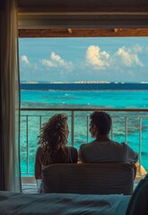 A couple sits on a balcony, gazing at the turquoise ocean. The scene is peaceful and romantic, with bright sunlight illuminating the serene, tropical view outside.