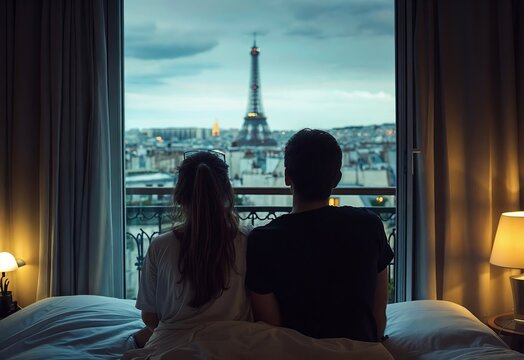 A couple sits on a bed, gazing out at the Eiffel Tower through a large window at dusk. The scene is cozy and intimate, with soft lighting and a beautiful view of Paris.