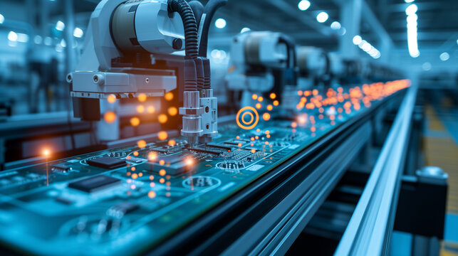 Smart industry robot arms modernization for innovative factory technology . Concept of automation manufacturing process of Industry 4.0 or 4th industrial revolution and IOT software control operation.