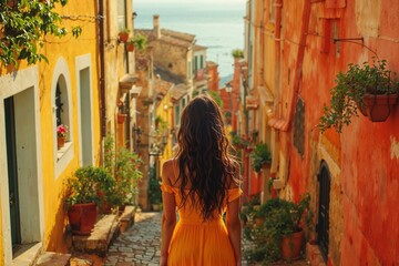 A woman in a flowing yellow dress walks down a narrow, picturesque street adorned with vibrant buildings and lush greenery&mdash;the charming path, lined with plants and old-world architecture.