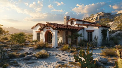 the architectural beauty of a Spanish Revival house with terra cotta roofing, set against a desert...