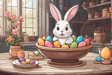 Cute Easter bunny in a bow full of painted eggs, cartoon-style