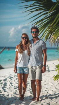 A couple walks along a pristine beach with white sand and turquoise water. They are dressed casually in summer attire, enjoying the sunny day with palm trees in the background.