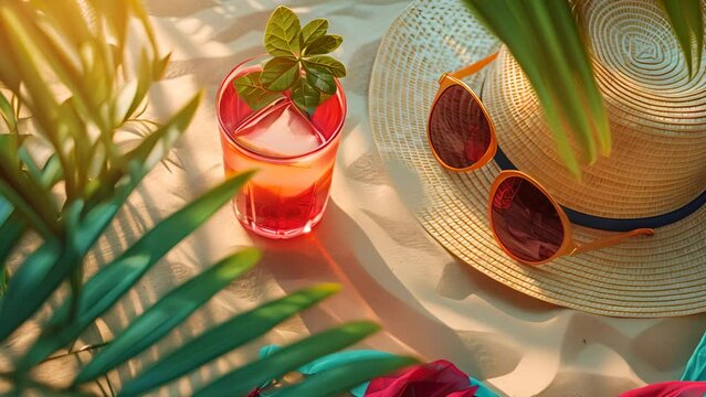 A bright and colorful summer set of essentials, including a tropical cocktail, straw hat, sunglasses, a bright scarf, all on a sand background