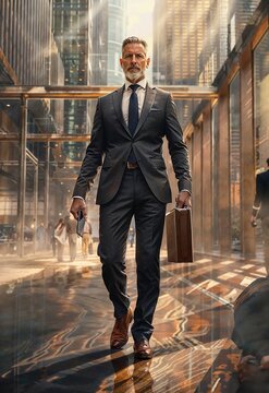 A man in a business suit walking confidently down a city street. He is carrying a briefcase and appears to be in a professional setting, possibly on his way to work or a business meeting.