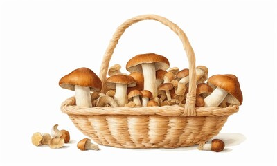 mushrooms in a wicker basket isolated on a white background