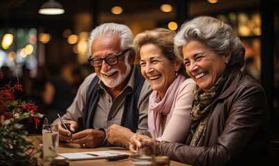 Three Elderly People Engaged in Cell Phone Discussion - obrazy, fototapety, plakaty