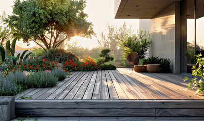 Inviting terrace with wooden decking, sunlit plants in Mediterranean pots, and cozy outdoor furniture