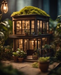 Miniature house with plants in the potted area, hyper realism, dramatic ambient lighting, high detai 