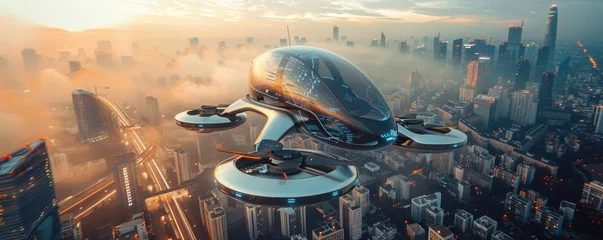 Fototapeten air taxi over the city, concept of future urban transport © Jam