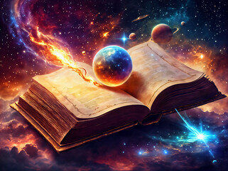 fantasy concept art of Astrology or astronomy book of the universe - opened old magic book with space