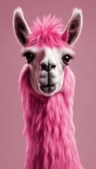 Pink llama with a fuzzy hairdo, positive energy, happy, octane, substance, art history museum 