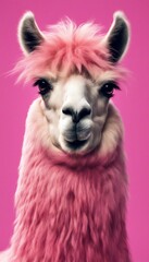 Pink llama with a fuzzy hairdo, positive energy, happy, octane, substance, art history museum 