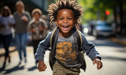 Young Boy With Dreadlocks Running Down the Street - obrazy, fototapety, plakaty