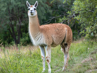 A curious llama standing in a green field, gazing directly at the camera.