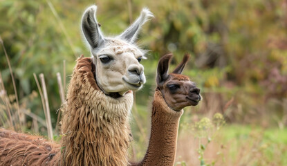 Obraz premium Two llamas, an adult and a juvenile, stand together amidst lush vegetation.