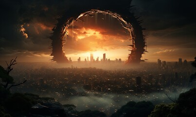 Giant Circular Object Emerges in Bustling City Skyline