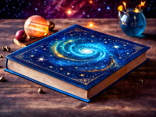 fantasy concept art of Astrology or astronomy book of the universe - opened old magic book with space