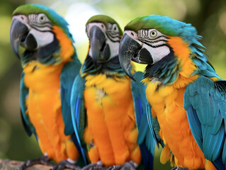 Trio of blue and yellow macaw sit in line on a tree branch.