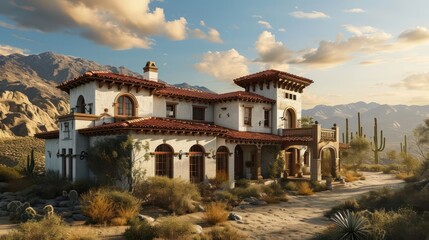Obraz premium the architectural beauty of a Spanish Revival house with terra cotta roofing, set against a desert landscape