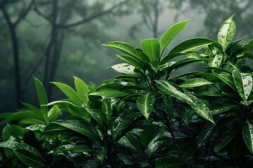 Glossy green leaves of laurel shrubs in a foggy forest - obrazy, fototapety, plakaty