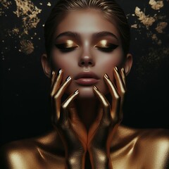 Beautiful young woman with golden make-up. Portrait of a fashion model with gold makeup and manicure.