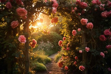 Golden hour light on a wild rose trellis