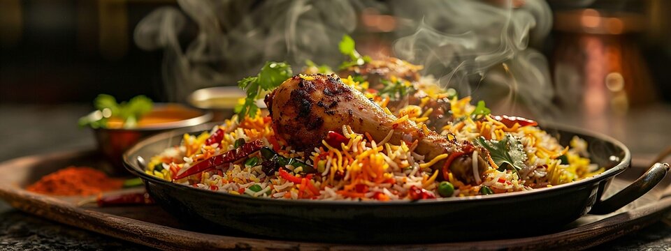 Classic-style painting of a steaming plate of chicken biryani served with aromatic spices