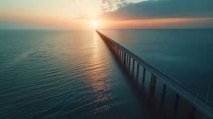 Aerial view of panorama: large infrastructure bridge over the sea, long bridge, blue colors, sunset,