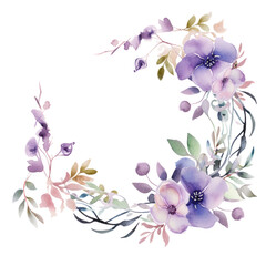 Delicate watercolor flowers in shades of lavender and lilac, intertwined with greenery to form