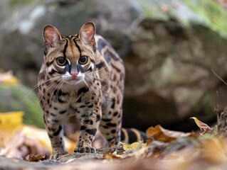 A margay cat on the forest floor, gazing forward with intense eyes.
